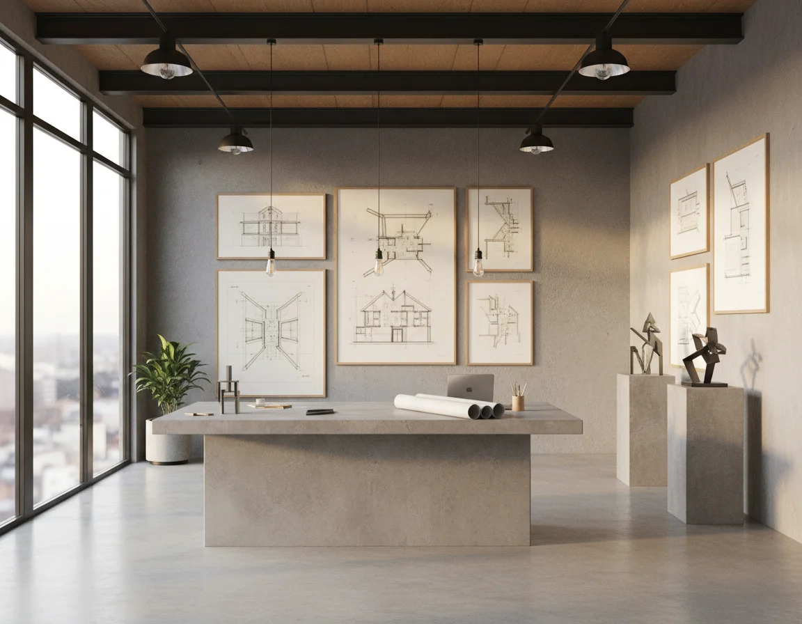 Sunlit studio with a concrete desk and architectural drawings