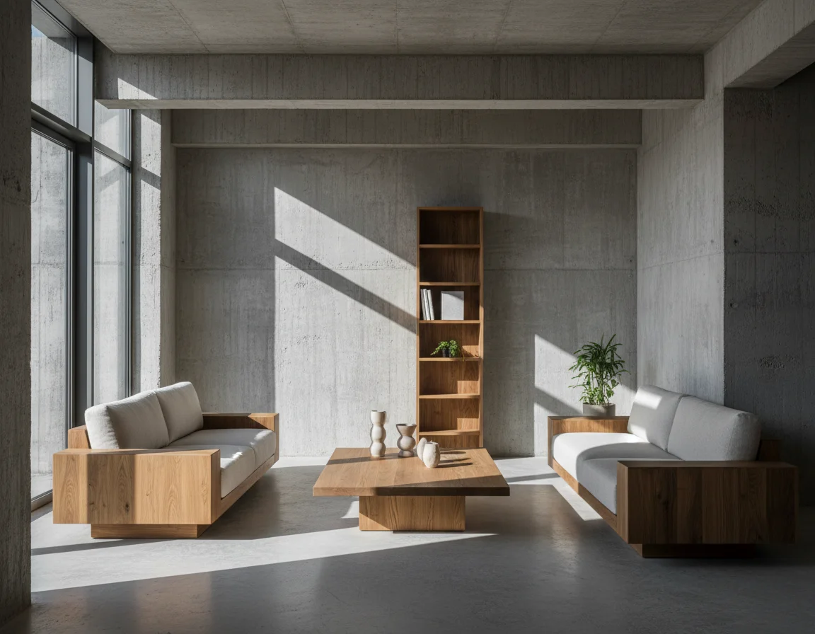 Minimal interior with concrete walls, daylight, and wooden furniture